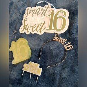 Sweet 16 decoration 4 piece bundle. 
Sign,tiara, candle & photo holder.
